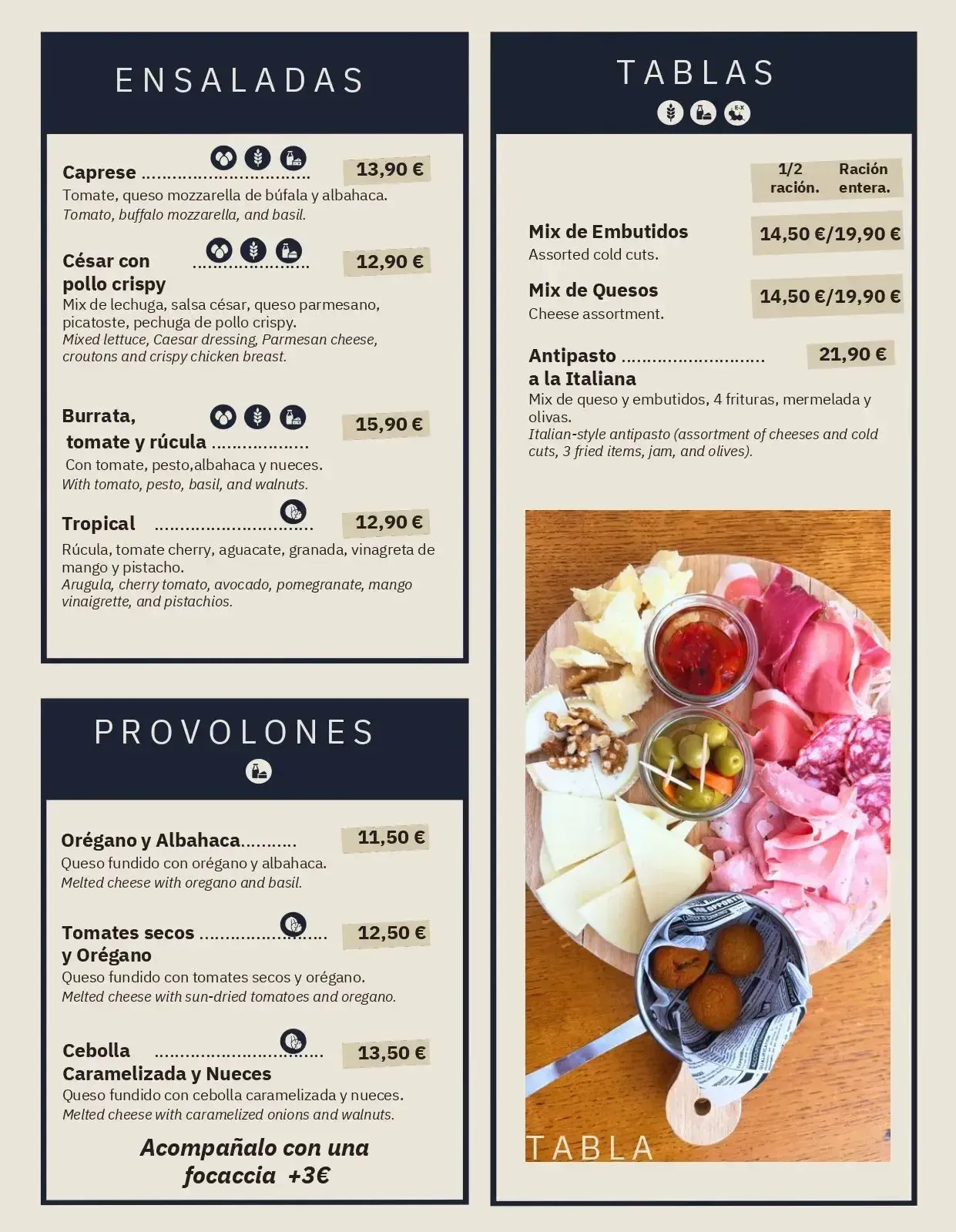 Menú con secciones para ensaladas, tablas y provolones. Incluye precios y descripciones.