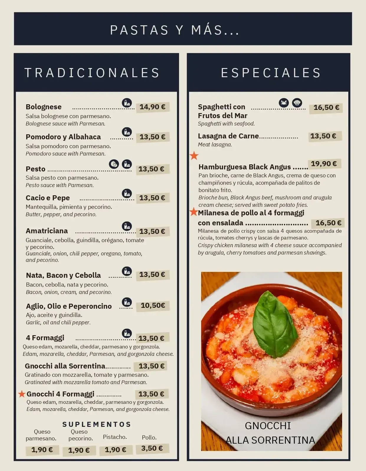 Menú de pastas: Opciones tradicionales y especiales listadas con precios y descripciones.