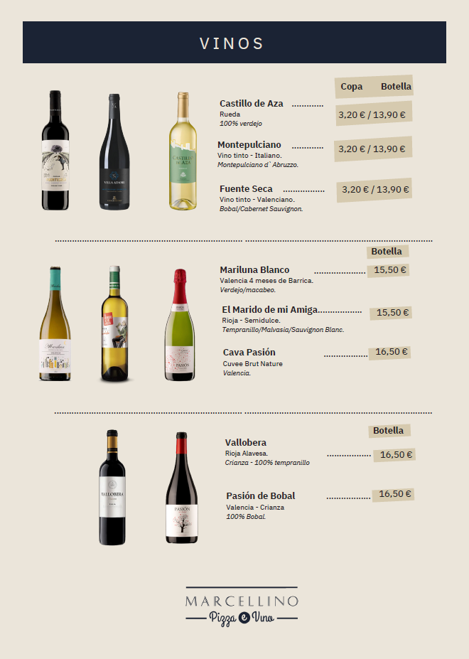 Carta de vinos con ilustraciones de botellas y precios.