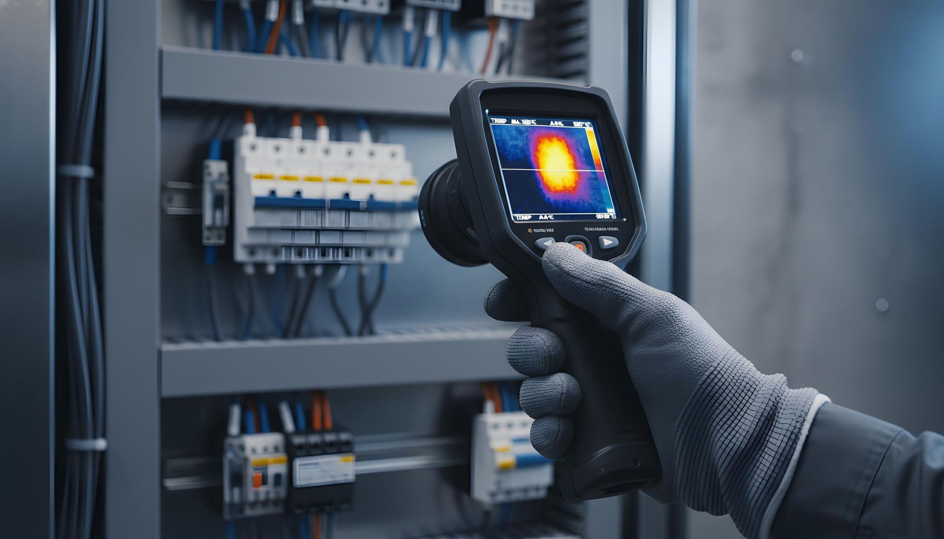 Digitales Multimeter mit roten und schwarzen Messspitzen auf einer Holzoberfläche