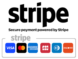 Stripe logo above a secure payment banner featuring icons for Visa, Mastercard, American Express, JCB, Diners, and Discover.