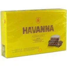 Caja amarilla de Alfajores Havanna con la marca del producto y una foto de las galletas.