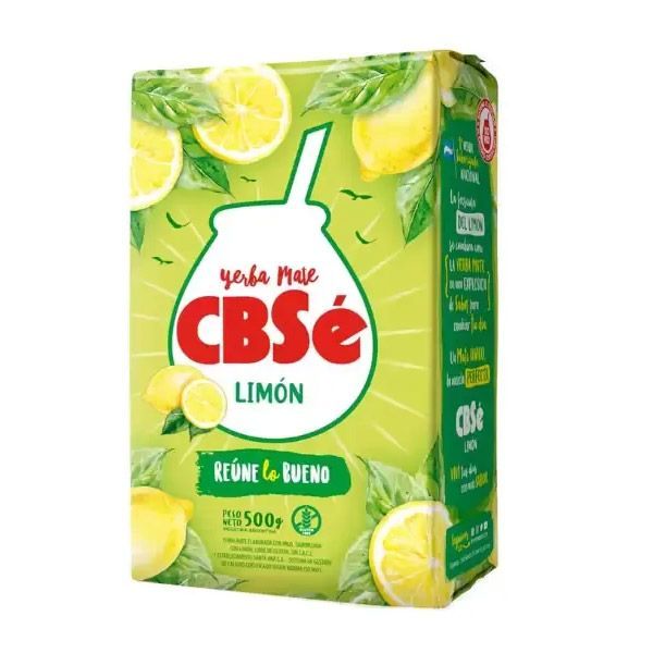 Caja de Yerba Mate CBSé sabor limón, verde y amarilla con gráficos de limón.
