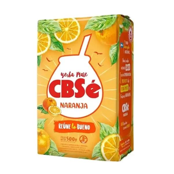 Caja de yerba mate CBSé Naranja, sabor naranja. Envase naranja, con rodajas y hojas de naranja. 500 g.