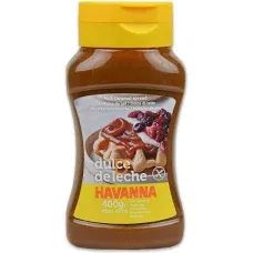 Tarro de Dulce de Leche Havanna, 400g, con tapa amarilla y etiqueta que muestra un postre.