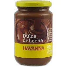 Tarro de Dulce de Leche Havanna con etiquetas amarillas y marrones.