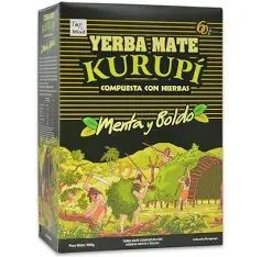 Caja de Yerba Mate Kurupi con hierbas de menta y boldo, empaque negro y verde, ilustración de personas recolectando hierbas.