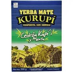 Caja de Yerba Mate Kurupí con sabor a Cedrón Kapi'i y Menta. Presenta una escena de la naturaleza y pesa 500 g.