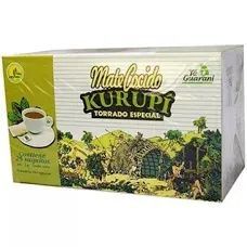 Caja de té Kurupi Mate Cocido. Envase verde y blanco con ilustraciones de una escena rural.