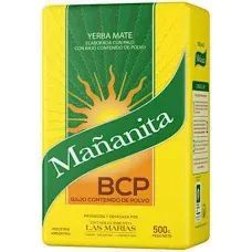 Caja amarilla de yerba mate Mañanita con etiquetas verdes y naranjas.