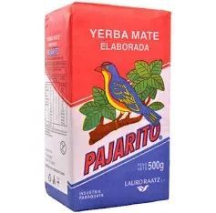 Yerba Mate Pajarito: rojo, blanco y azul. Gráfico de pájaro en rama. 500 g, producto de Paraguay.