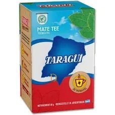 Caja de Mate Taragui con diseño de mapa azul y blanco y acento rojo, ícono de taza de té.