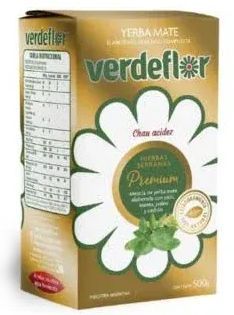 Caja de yerba mate Verdeflor, diseño de margaritas verdes y blancas, letras doradas, etiqueta con información nutricional.