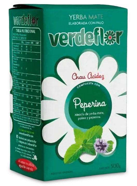 Caja verde de Yerba Mate Verdeflor con margarita y hojas de menta.