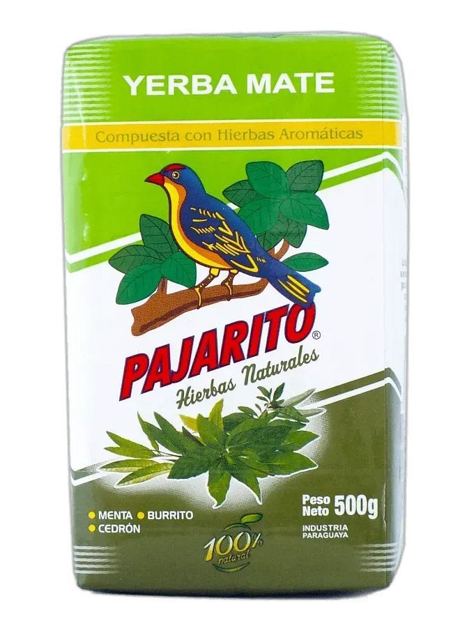 Paquete verde y blanco de té Yerba Mate Pajarito, con logo de pájaro y etiqueta
