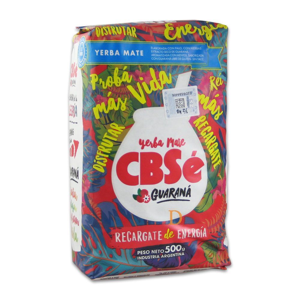 Bolsa de Yerba Mate Guaraná CBSé con gráficos y texto en rojo, azul y blanco,