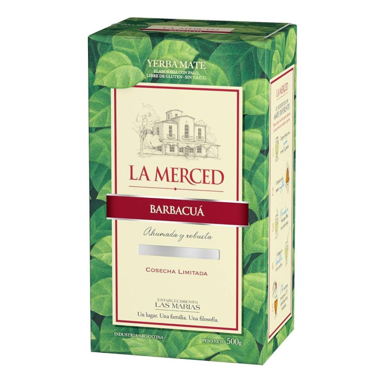 Caja de yerba mate La Merced Barbacuá, fondo hojas verdes, etiqueta color tostado.