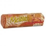 Paquete de galletas Melitas. Envoltorio marrón con texto en amarillo y rojo.