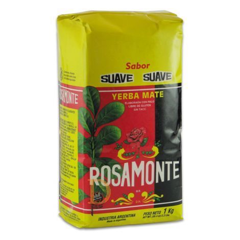 Bolsa de Yerba Mate Rosamonte de color amarillo y negro con diseño de hojas verdes y la palabra