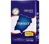 Bolsa de Yerba Mate Taragüi de color azul y blanco con logo en forma de mapa.