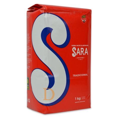 Bolsa roja de harina “SARA” con gran “S” blanca y detalles en azul, 1 kg, “Tradicional”.