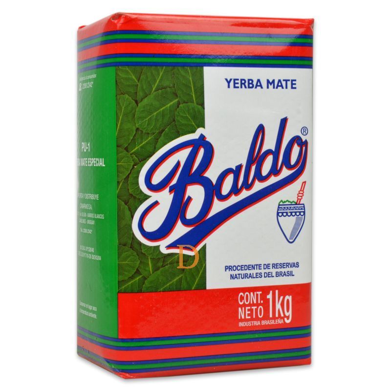 Yerba Mate Baldo paquete de 1kg, hojas verdes, rayas rojas y verdes, etiqueta blanca con logo azul.