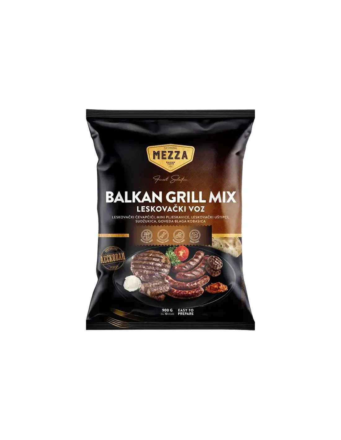 Bolsa negra de Mezza Balkan Grill Mix, que incluye salchichas a la parrilla y condimentos.