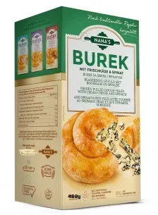 Caja de Burek de Nana con queso fresco y espinacas, presentando un pastel cocido con relleno, empaque verde y blanco.