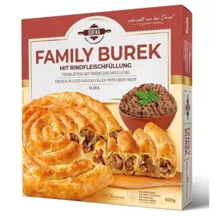Caja de “Burek Familiar” con relleno de carne, mostrando masa cocida y un tazón de carne molida.