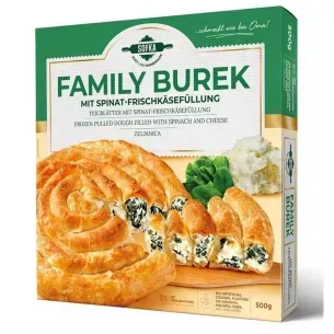 Caja de Burek Familiar congelado con relleno de espinacas y queso; colores verde y dorado.