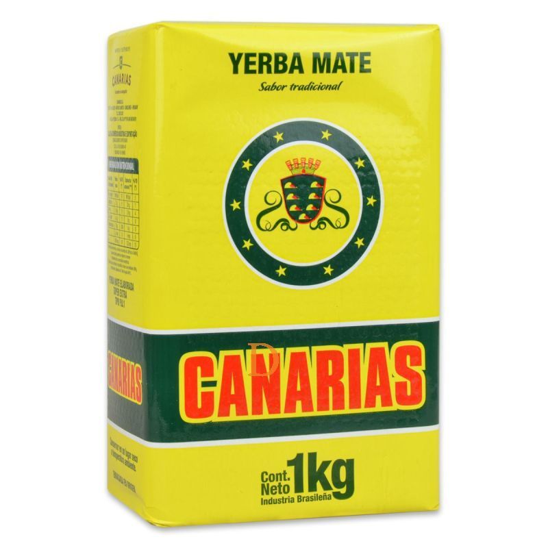 Paquete de té Yerba Mate Canarias amarillo y verde, 1kg, con logo.