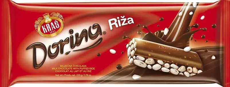 Embalaje de barra de chocolate, de color rojo, con una barra de chocolate parcialmente revelada con arroz y la palabra