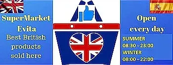 Logotipo del supermercado Evita. Ofrece los mejores productos británicos. Abierto todos los días. Horario de verano: 8:30-23:00. Horario de invierno: 8:00-22:00.