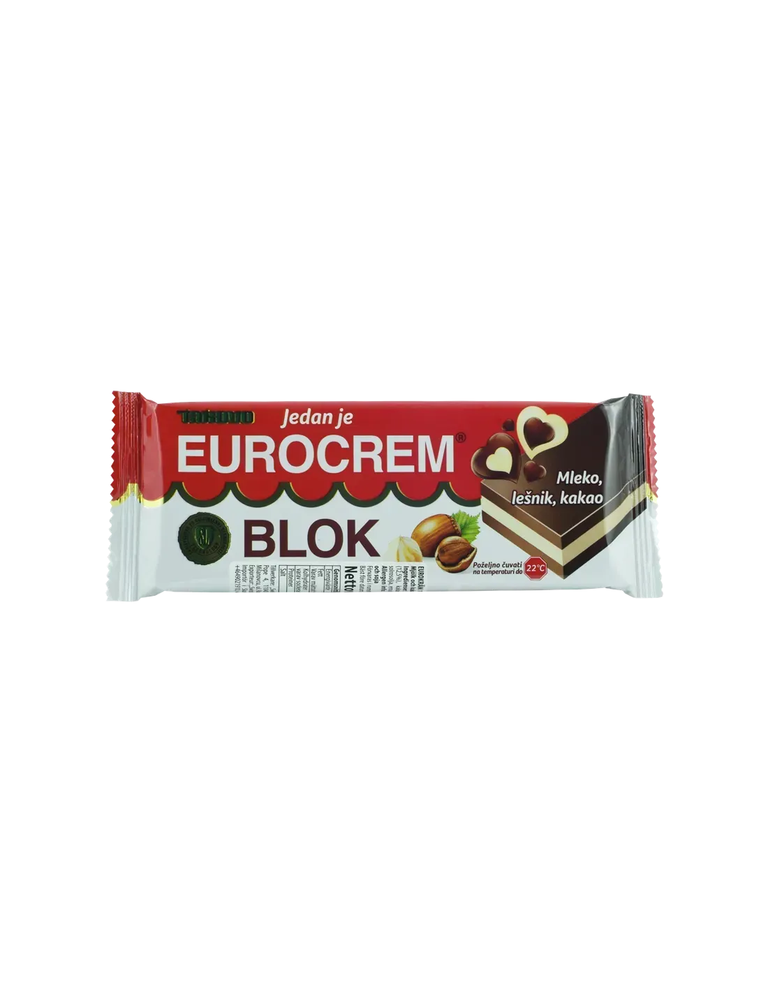 Paquete de barras de caramelo Eurocrem Blok, de color rojo y blanco, con un gráfico del caramelo.
