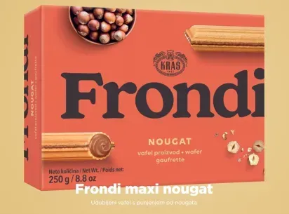 Caja de obleas de turrón maxi Frondi; de color naranja rojizo con imágenes de avellanas y obleas.