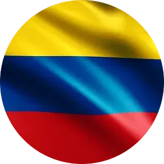Bandera colombiana circular: franja amarilla sobre franjas horizontales azules y rojas.