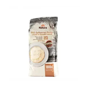 Bolsa de crema de trigo instantánea marca Natura. Envase blanco y marrón con cuchara y producto terminado visible.