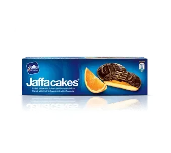Caja de Jaffa Cakes, empaque azul, galleta de naranja y chocolate con rodaja de naranja.
