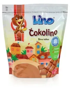 Bolsa de cereales Lino Čokolino con ilustración de dibujos animados de oso, casas y barra de chocolate.
