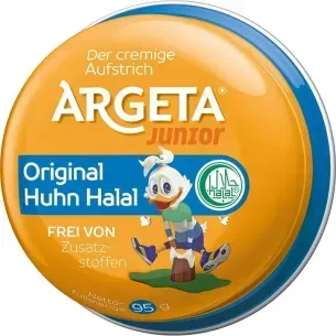 Tarro naranja de crema de pollo Argeta Junior con dibujo de pato; etiquetas “Halal” y “libre de aditivos”.
