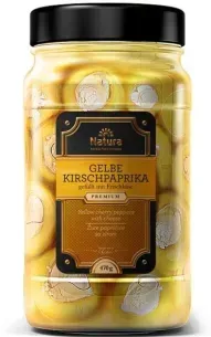Tarro de pimientos cherry amarillos encurtidos marca “Natura”, con texto y detalles dorados.