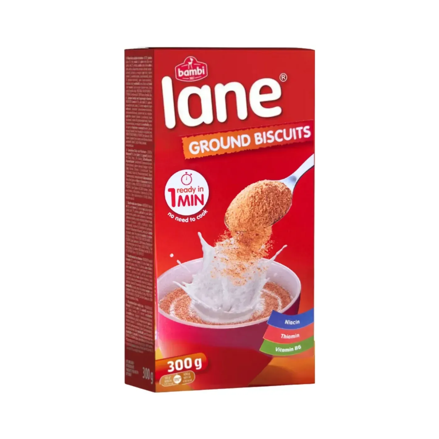 Caja de galletas molidas Lane, empaque rojo con texto, cuchara vertiendo migas en la leche.