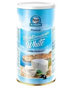 Lata de queso blanco mediterráneo “KAIUN” con escena costera y lonchas de queso.