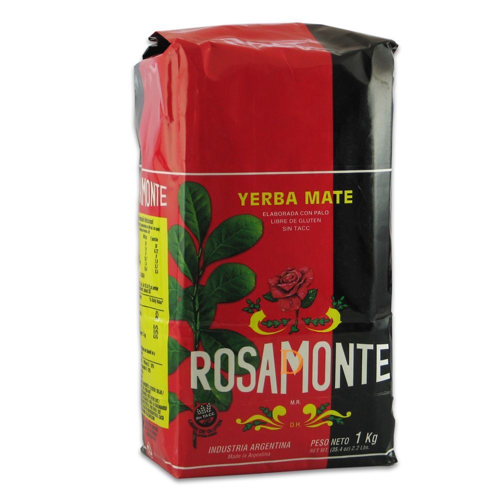 Bolsa de Yerba Mate Rosamonte con diseño en rojo, negro y dorado; ilustración de hojas y rosas.