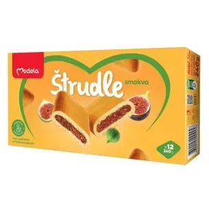 Caja de pasteles de strudel de higos Medela, envase amarillo con diseño en forma de corazón e ilustraciones de higos.