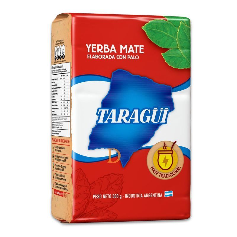 Caja de yerba mate Taragui con diseño en rojo, blanco y azul, que muestra el contorno de un mapa y una hoja.