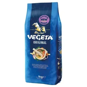 Bolsa azul de condimento Vegeta Original, con ilustración del chef, verduras y etiqueta