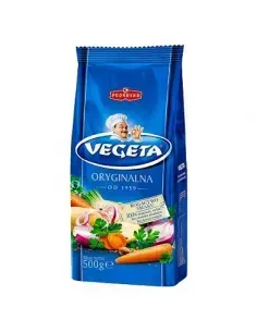 Paquete de condimento Blue Vegeta con verduras y el logotipo de un chef.