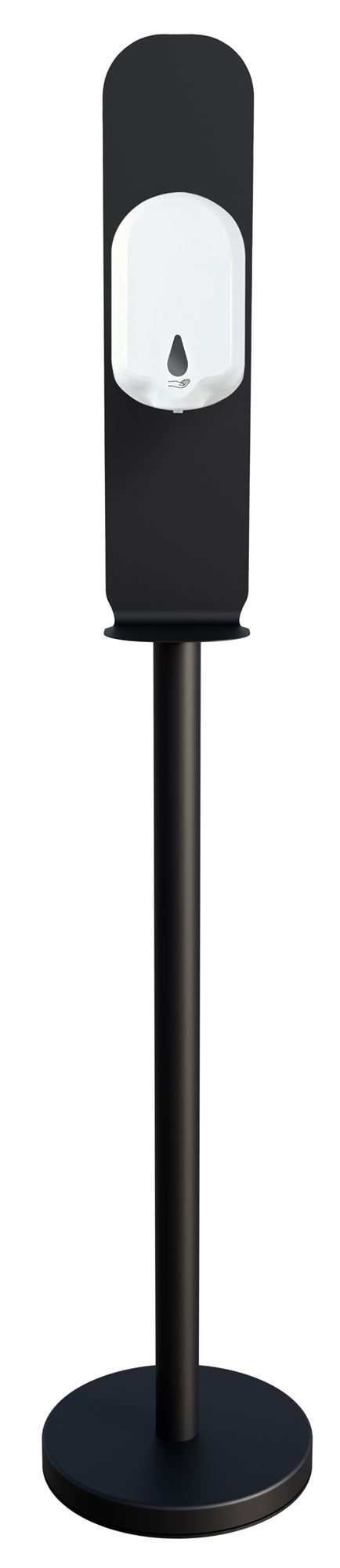 Un poteau noir avec station de désinfection.