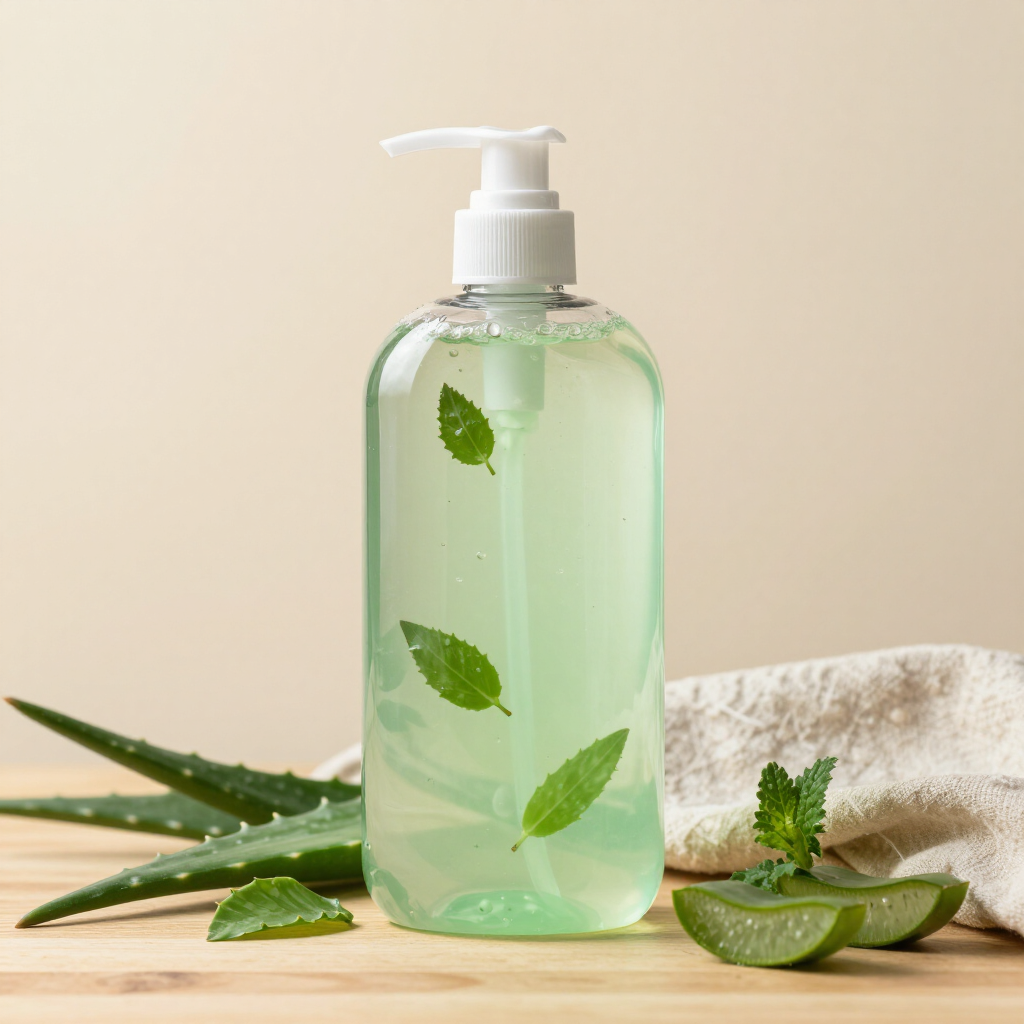 Frasco de gel de aloe vera con hojas flotantes sobre un fondo beige suave.